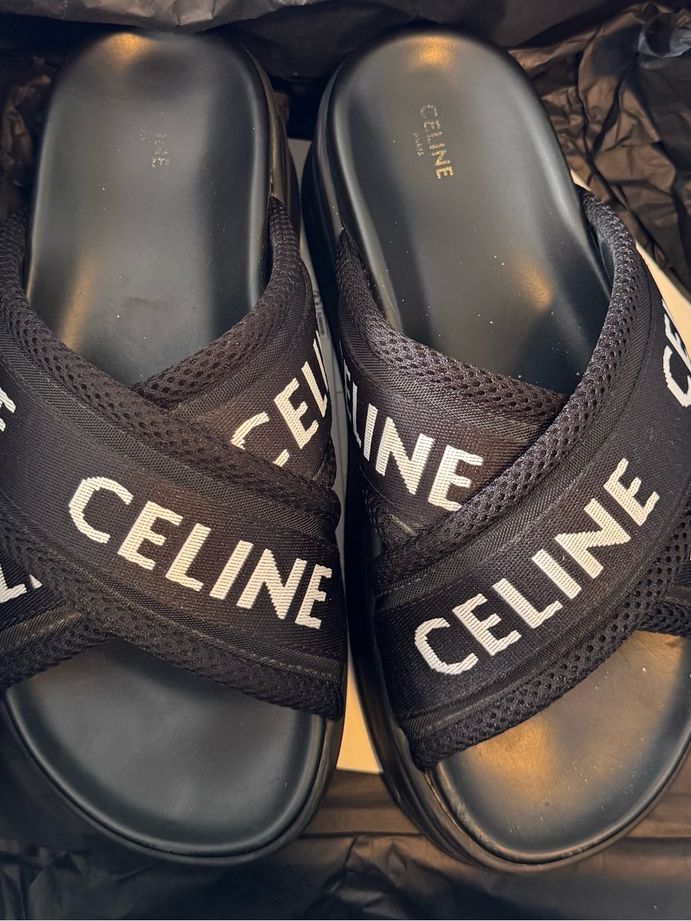 Celine Black Crisscross Logo Slide Sandals